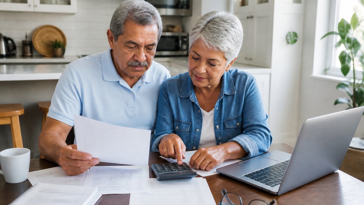 Mature couple sitting at a kitchen table with documents, calculator, and laptop, reviewing financial plans and care options together in bright natural lighting