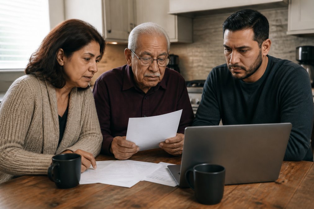A family sitting together at a kitchen table with a laptop, reviewing printed documents and talking quietly in a warm, softly lit home