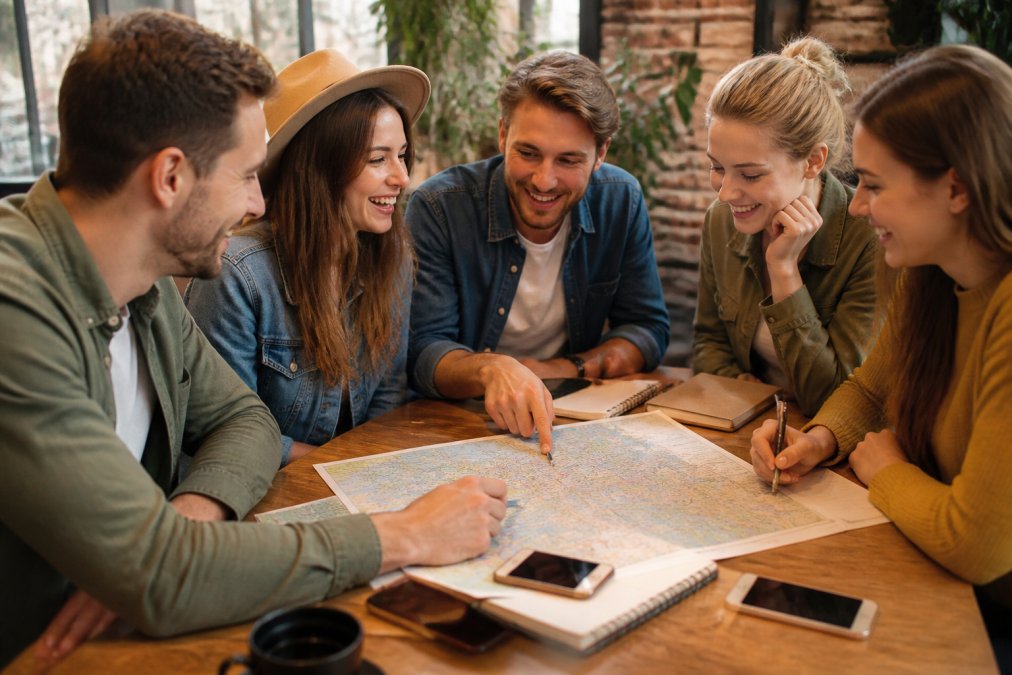 A small group of friends gathered around a table with a map, notebooks, and smartphones, laughing and pointing at options together in a casual indoor setting