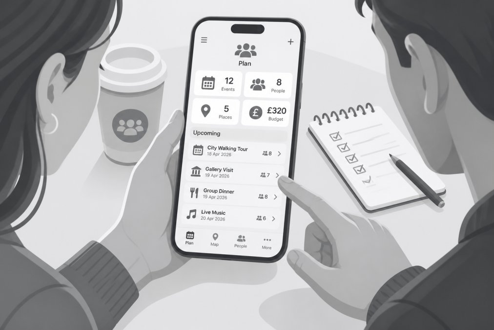 Close-up of two people looking at a smartphone screen together, scrolling through a planning or events app, with a coffee cup and notepad on the table nearby