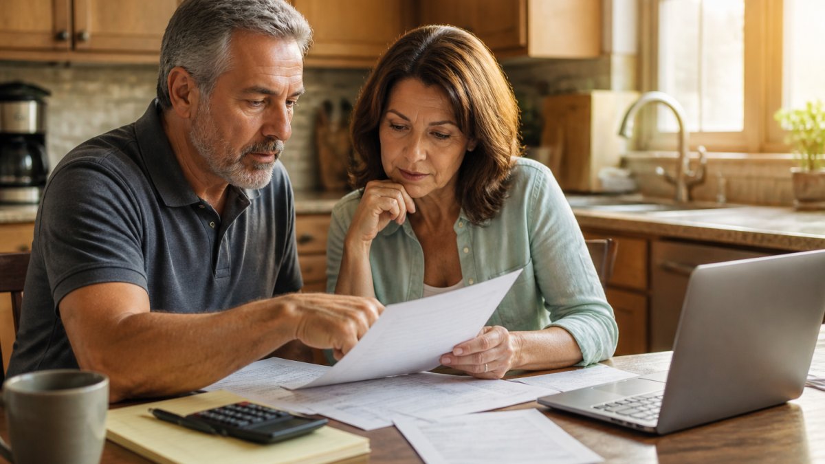 A couple in their late 50s sitting at a kitchen table reviewing financial documents and a laptop, with a calculator and notepad nearby, discussing retirement healthcare planning