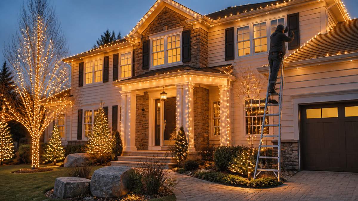 A two-story home at dusk with warm white lights outlining the roofline and entry columns, lit trees in the front yard, and a landscaper on a ladder adjusting a strand near the gutter
