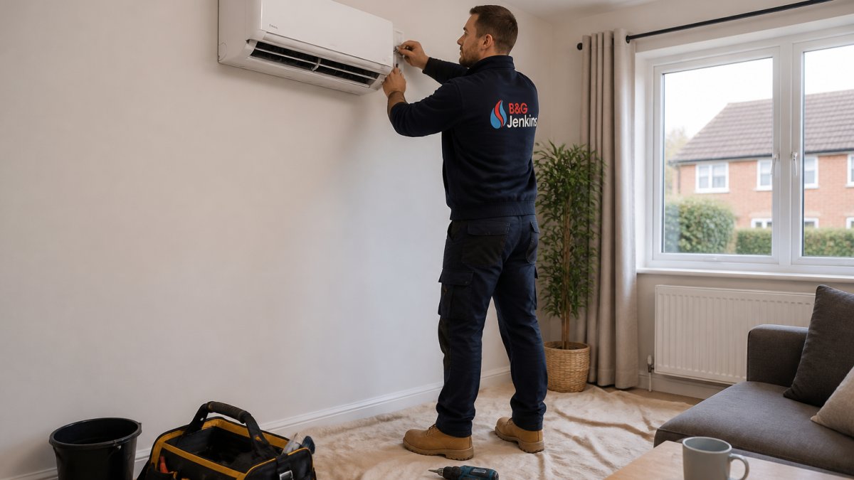 A heating engineer in clean workwear fixing a slim wall-mounted air conditioning indoor unit to a wall in a bright British living room, with tools and protective dust sheets on the floor nearby