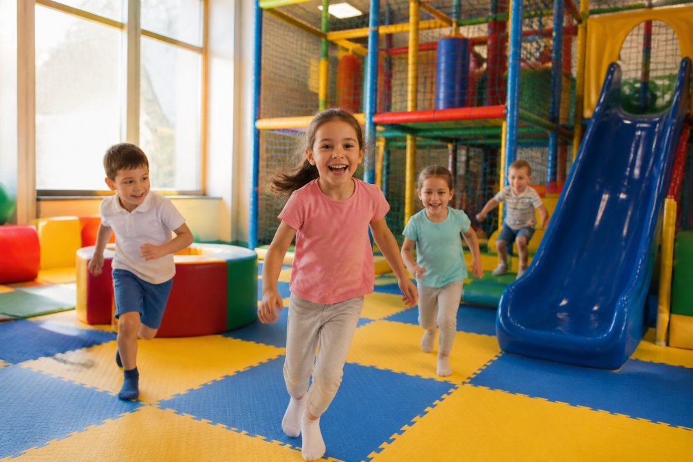 Children laughing and playing together in a bright, colorful indoor play facility with climbing structures, slides, and soft play equipment, natural light streaming through windows