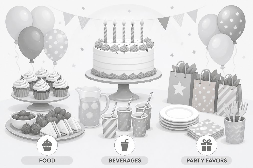 Colorful birthday cake decorated with bright frosting and candles surrounded by party balloons, cupcakes, and festive tableware arranged on a decorated table