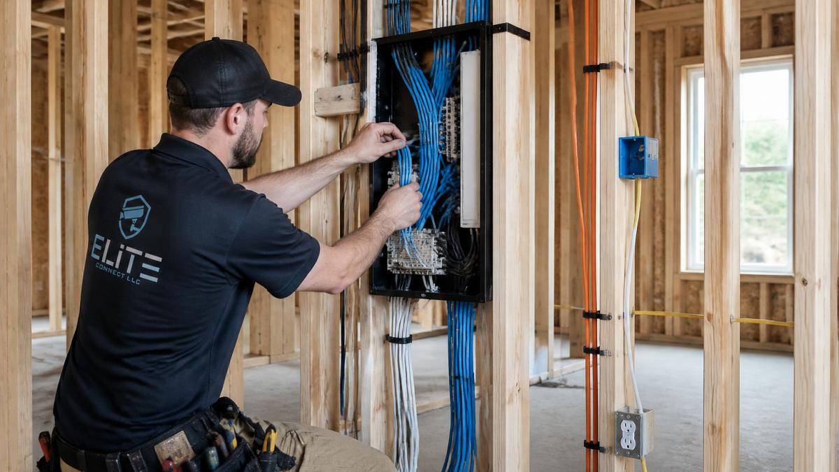 Professional contractor installing structured media panel and low-voltage cables through wall framing during rough-in stage, showing organized cable runs, conduit pathways, and central equipment location before drywall installation