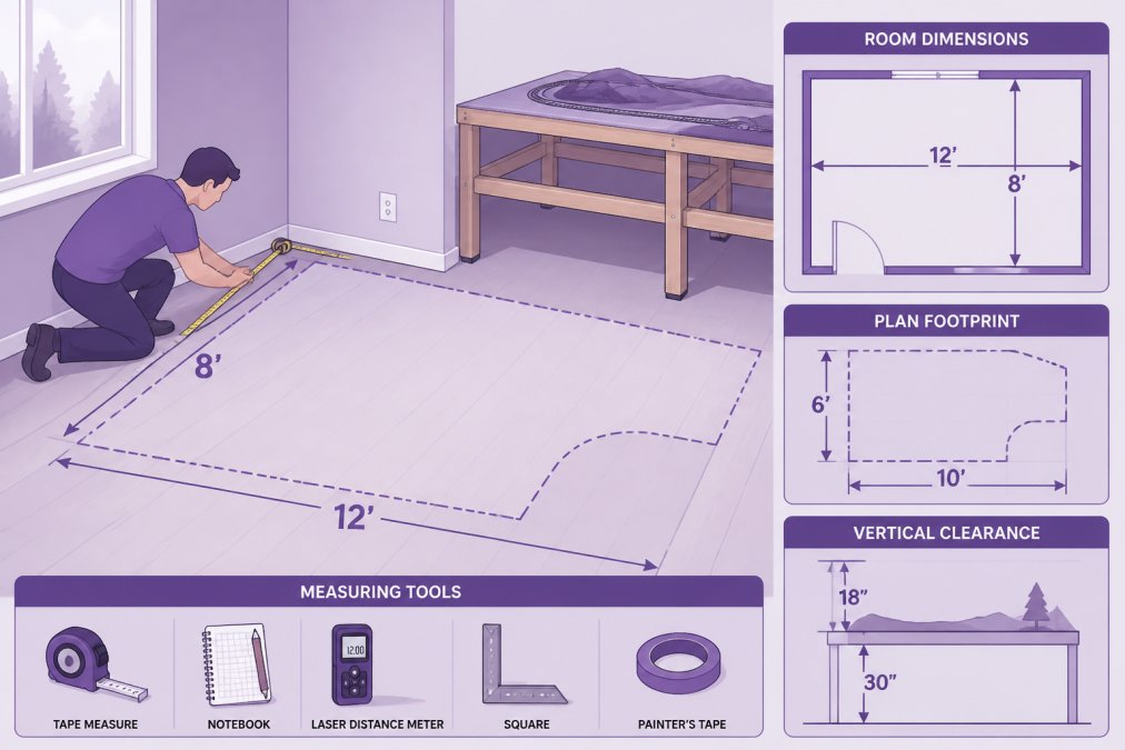 Hobbyist measuring a room corner with a tape measure, showing marked floor space for a model railroad layout with benchwork visible in background, natural window lighting