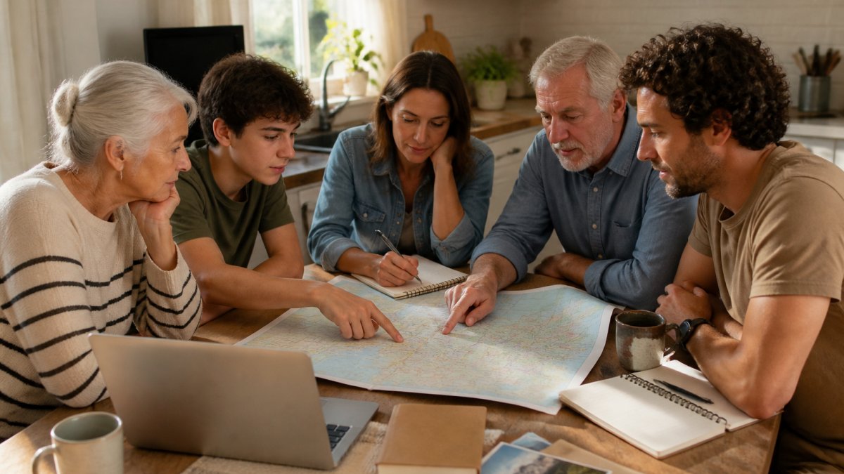 Three-generation family planning a multigenerational travel itinerary using maps, a laptop, and notes at a table.
