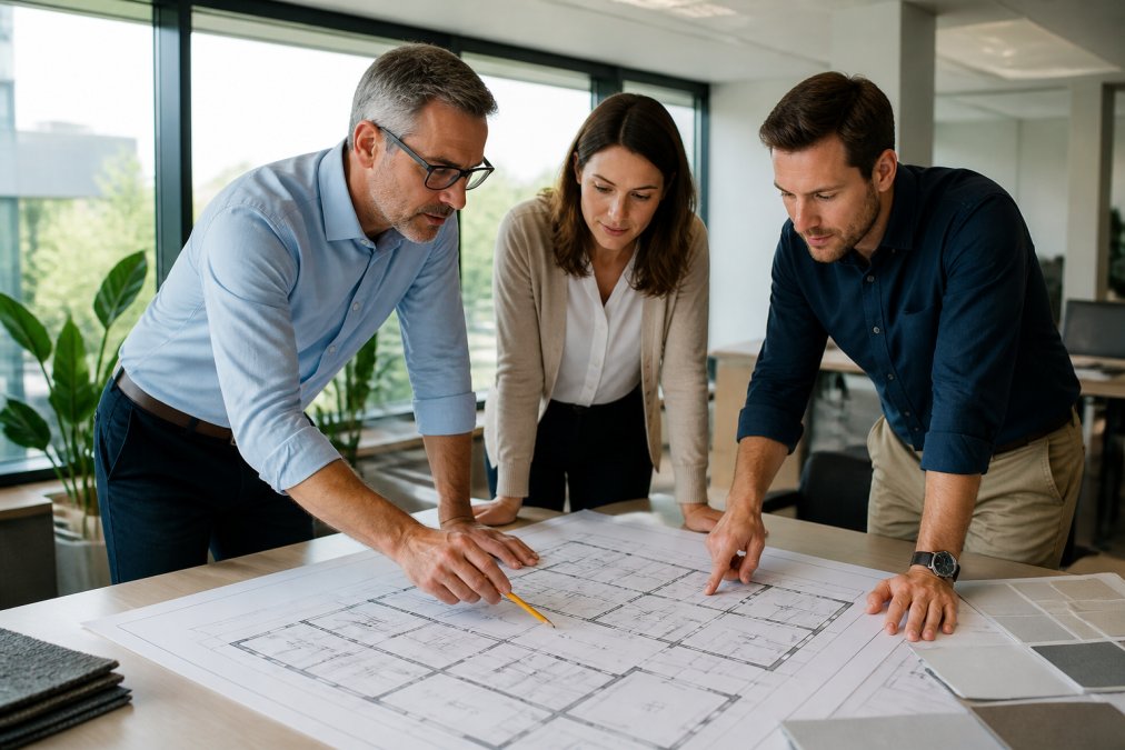 Facility managers collaborating on an office space layout by marking functional zones on a printed floor plan.