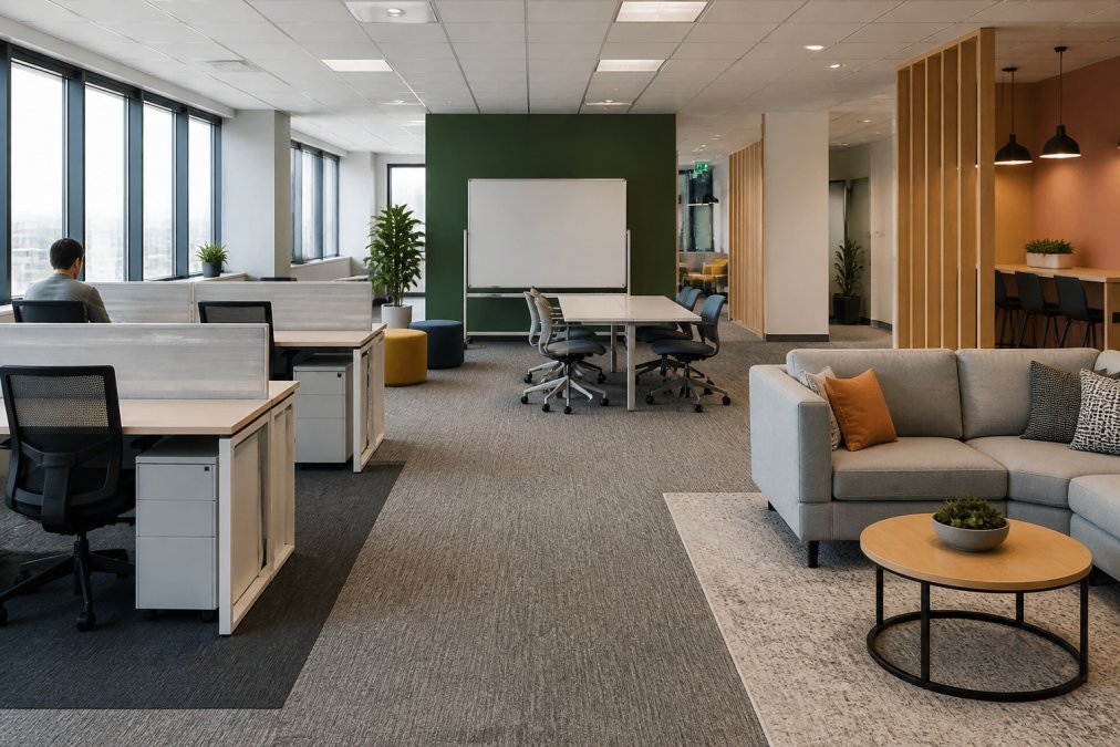 A bright modern office interior showing distinct zones: a quiet focus area with individual desks, a central collaboration space with a whiteboard and flexible seating, and a casual breakout area with a sofa and coffee table