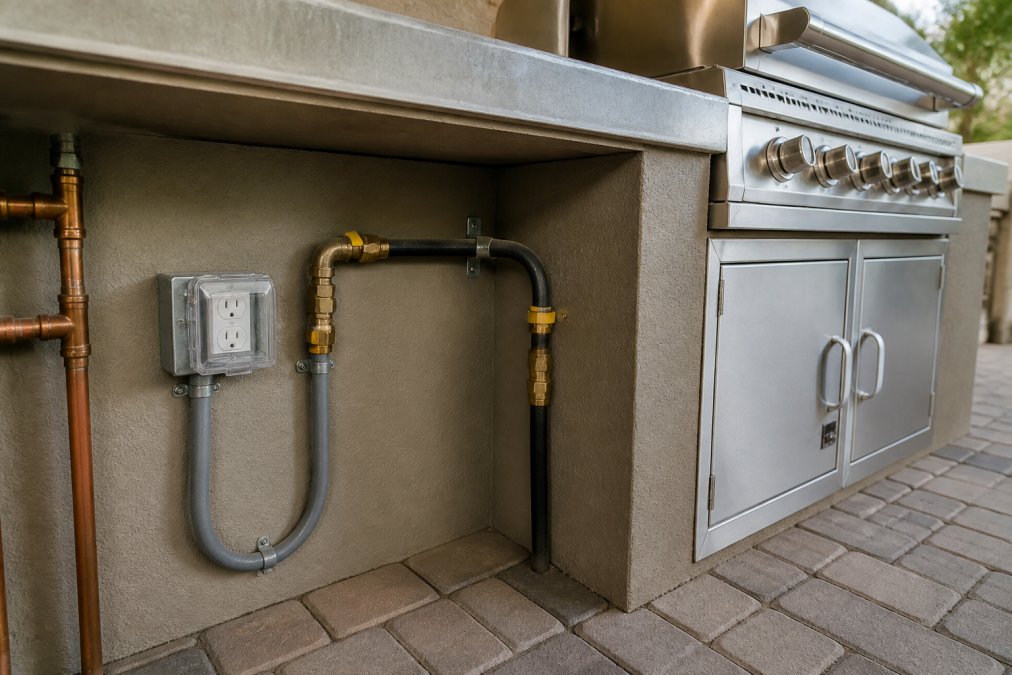 Close-up of outdoor kitchen infrastructure showing gas line connections with brass fittings, copper water supply line, and weatherproof electrical outlet installation behind a built-in stainless steel grill station