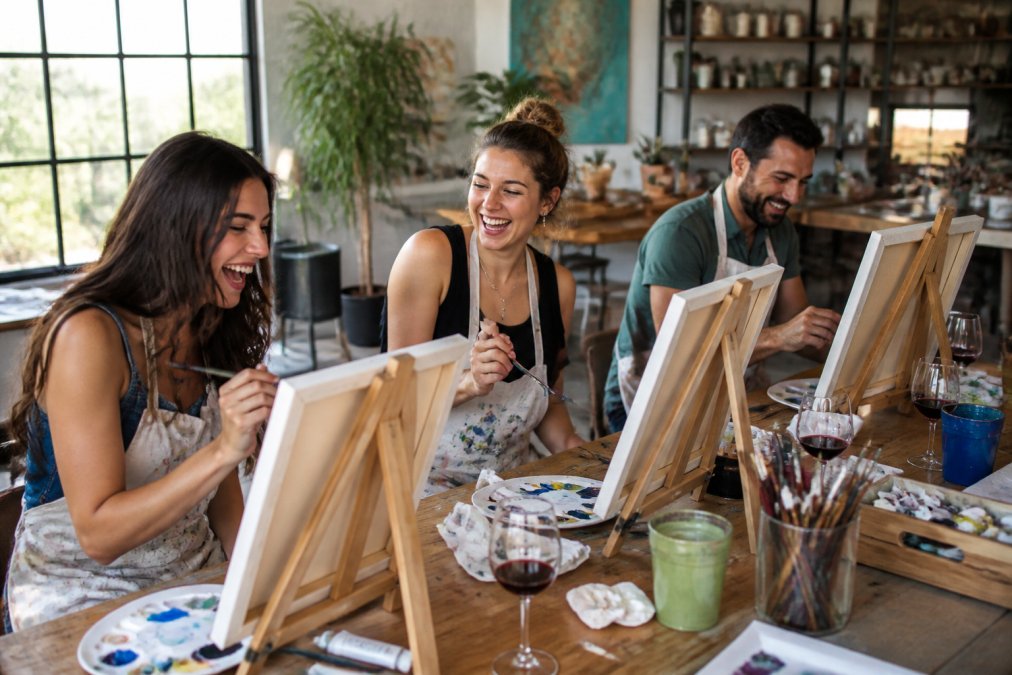 A group of friends laughing and painting at a wooden table in a bright studio, canvases and paint palettes in front of them, cups of wine nearby, warm afternoon light through large windows