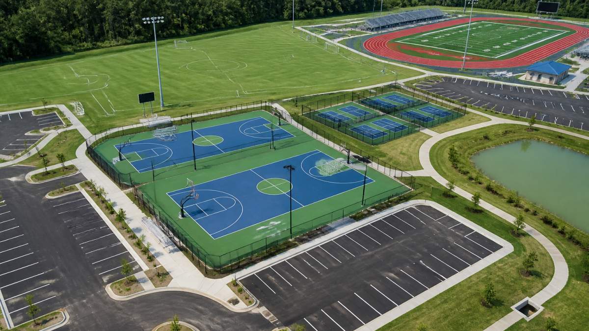 Diagram illustrating site selection and layout for school athletic fields, courts, and parking areas