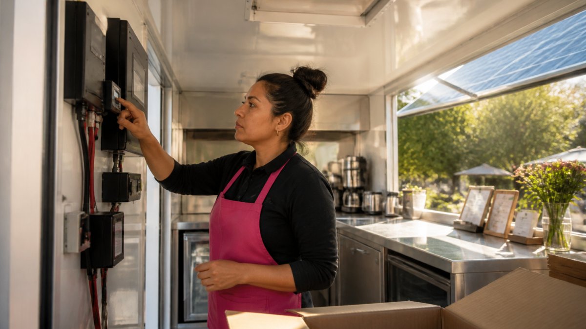 Catering operator checking solar charge controller in a solar powered catering truck