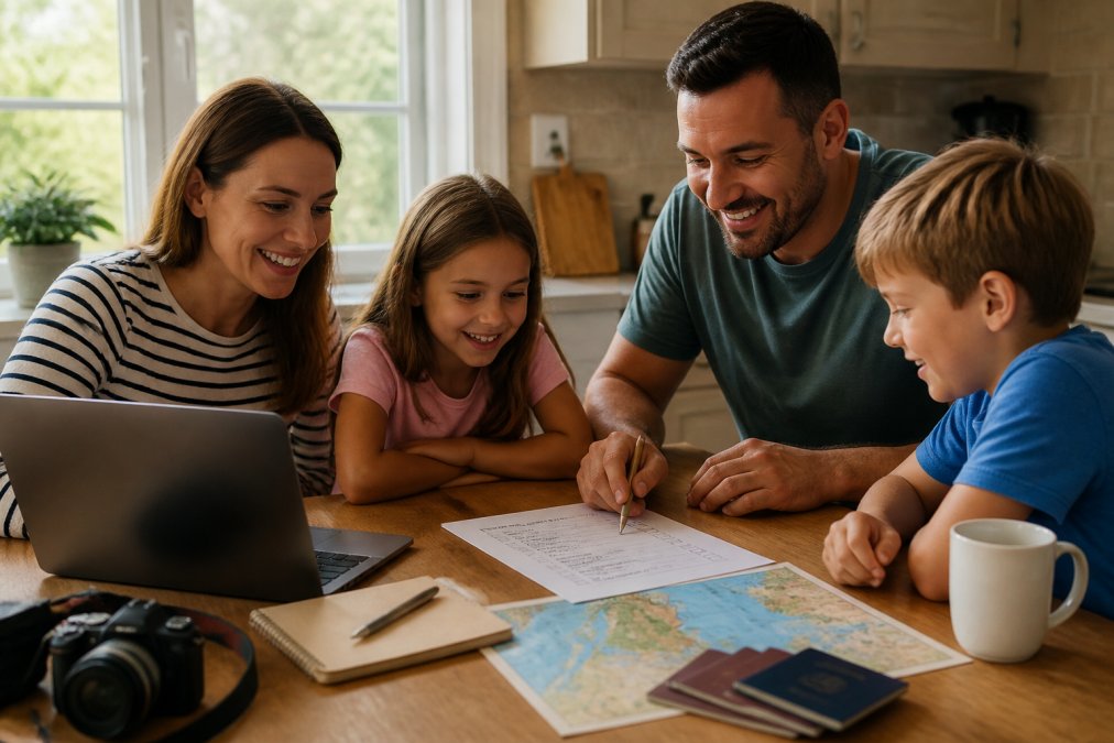 7-step planning checklist for stress-free family vacations displayed by a family working together at a kitchen table