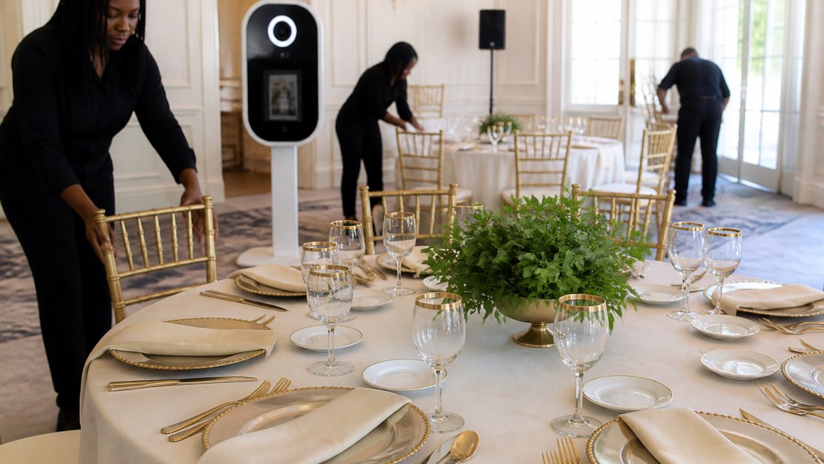 Infographic process illustrating how renting gold-rimmed glassware and decor creates sustainable luxury events