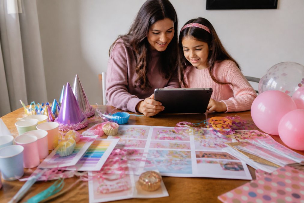 Parent and child selecting party theme ideas together on a tablet, surrounded by colorful party supplies, decoration samples, and theme inspiration boards on a wooden table