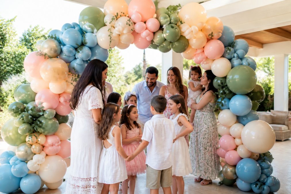 Vibrant organic balloon arch installation at a birthday celebration with children and family members gathered underneath, showing natural flowing arrangement in soft, coordinated colors with natural daylight