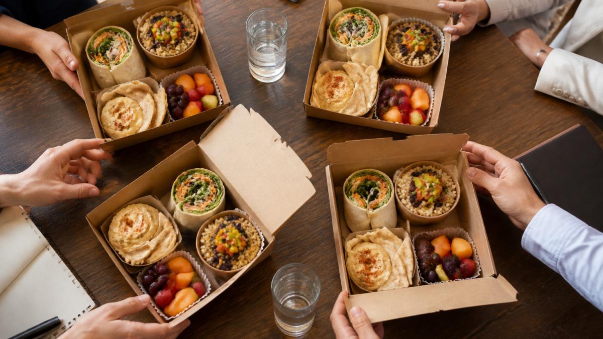 Overhead shot of several open kraft boxed lunches on a conference table, each filled with a vegan wrap, rice bowl, hummus with pita, fresh fruit, and a small dessert, with hands of colleagues reaching for them
