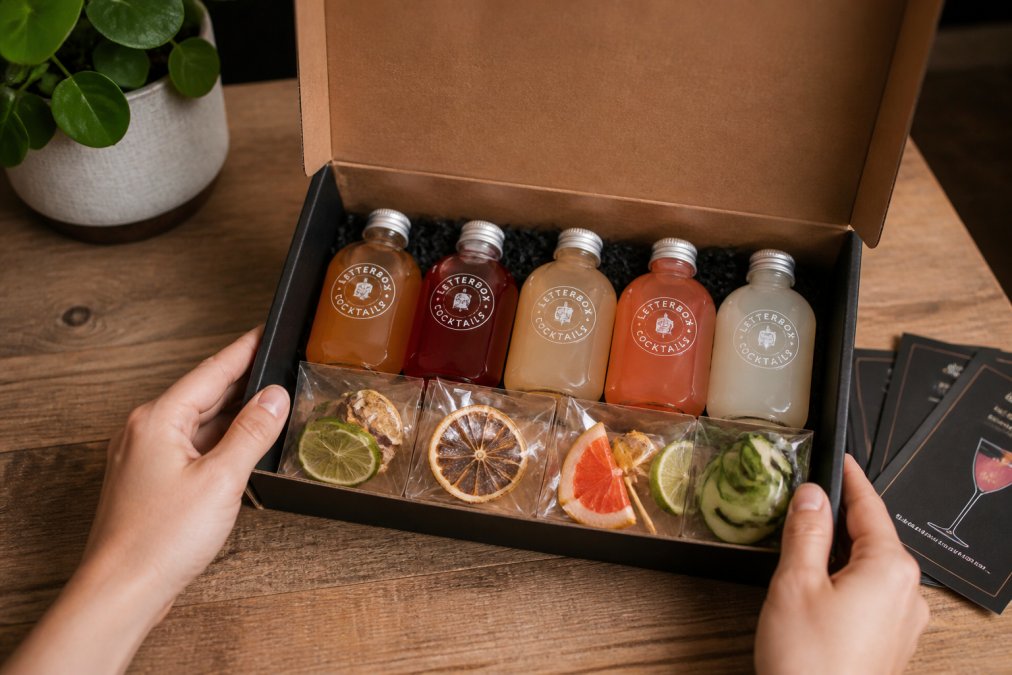 Hands opening a letterbox delivery box containing premium cocktail bottles, fresh garnishes, and serving instruction cards laid out on a wooden table