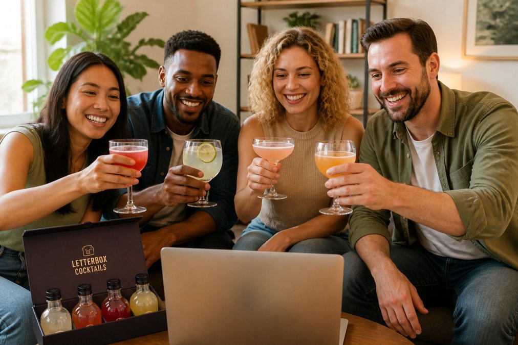 Team members on a video call holding cocktails, smiling and toasting together, with natural window lighting and warm home settings visible