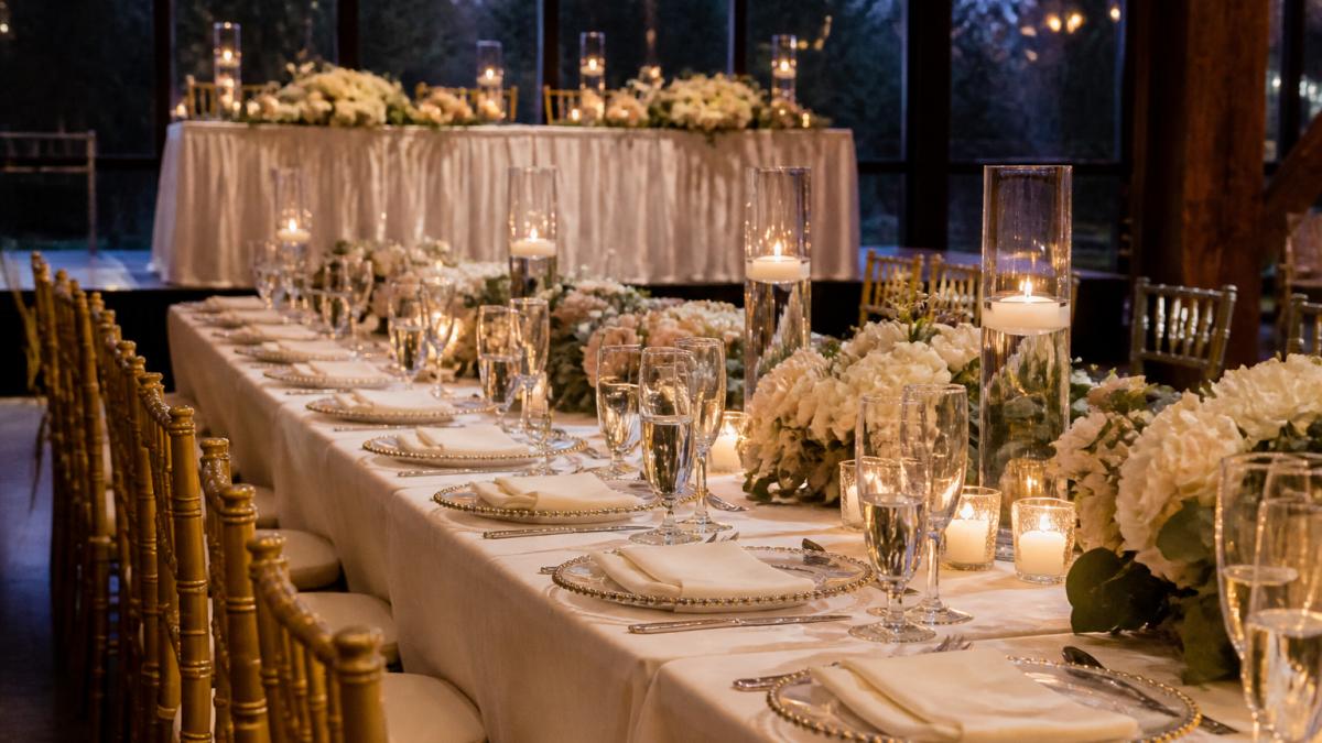A long banquet table set for a wedding reception with low floral centerpieces, glass candle vases, folded napkins, and dinnerware, photographed in warm evening light before guests arrive