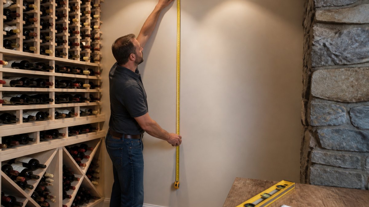 Person measuring a wine cellar wall with a tape measure, showing floor-to-ceiling measurement with a level and notepad nearby