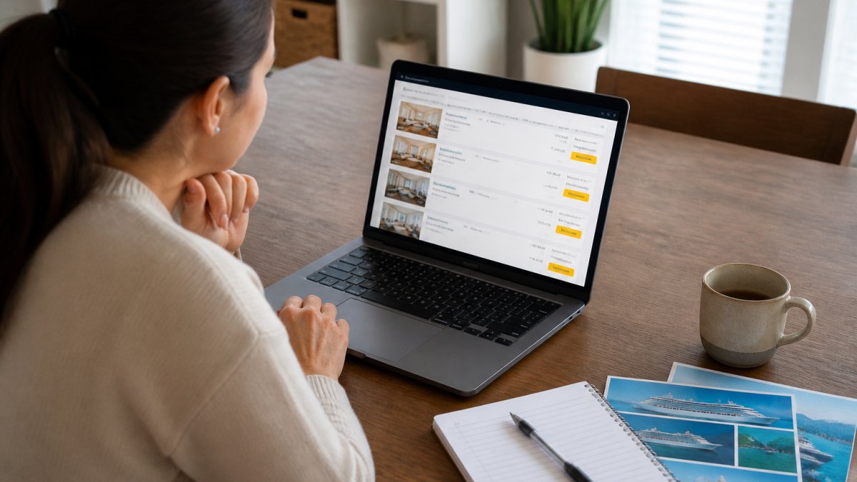 Person at a laptop with a notebook and pen, reviewing cruise booking options and comparing cabin types and pricing on screen with natural lighting