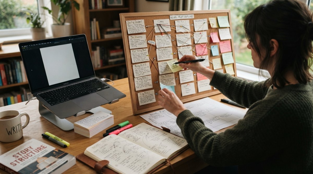 Writer's hands arranging colorful index cards with story plot points on a wooden desk, with laptop and open notebook visible in soft natural light