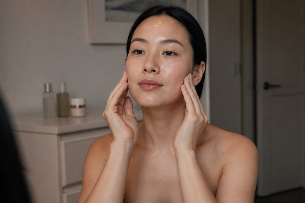 Woman's hands performing upward facial massage strokes along her cheekbones and jawline, fingers positioned at the sides of her face, with a calm, focused expression and natural indoor lighting
