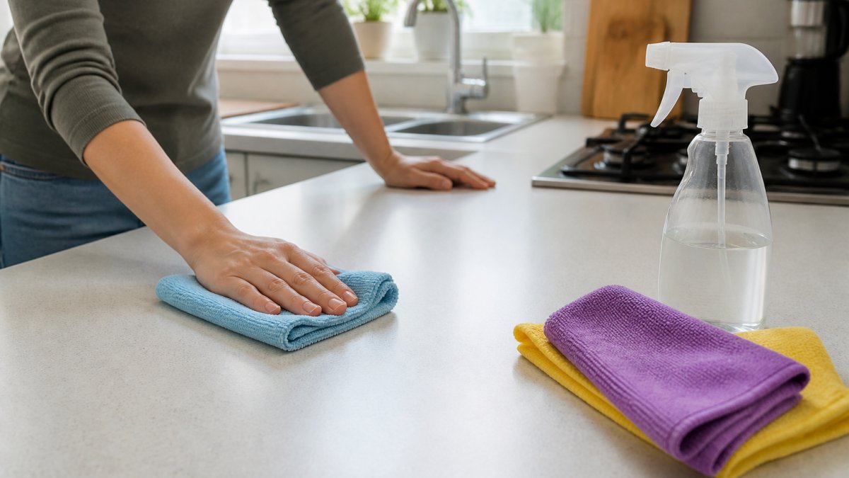 Close-up of a person's hands using a soft microfibre cloth to wipe a light-coloured laminate kitchen worktop in a bright domestic kitchen, with a spray bottle and cloths nearby