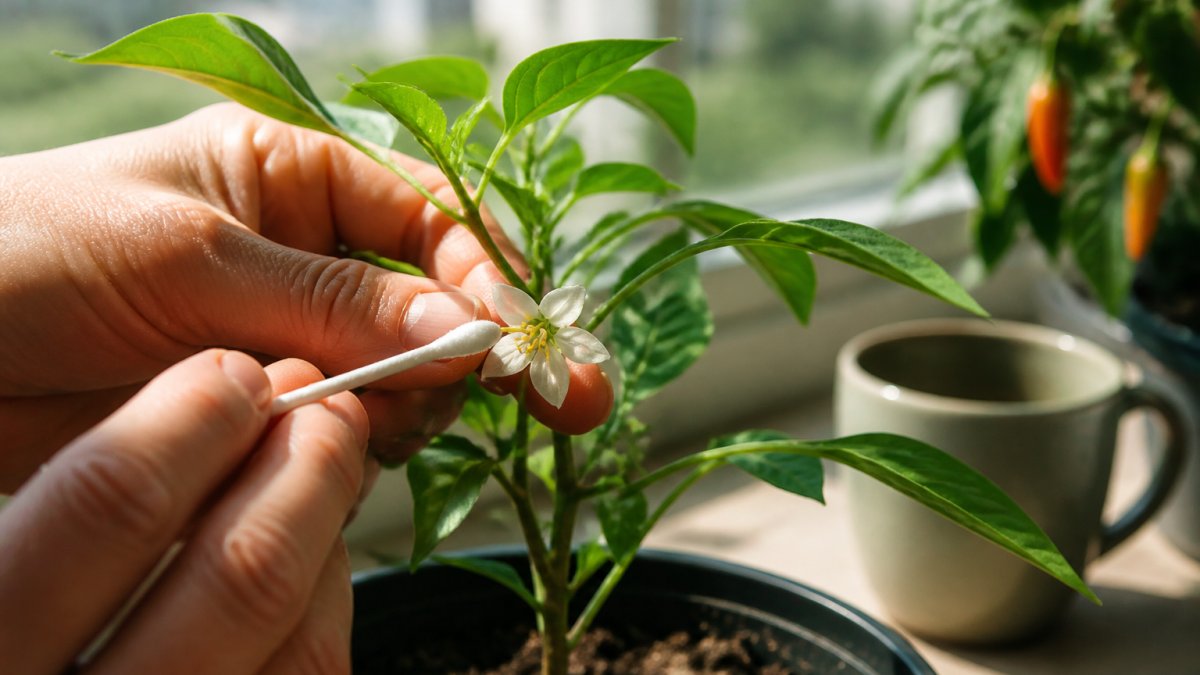 Close-up of hands using a cotton swab to gently transfer pollen from an open pepper flower in a container on a sunny windowsill, showing the yellow pollen detail and the flower's center structure