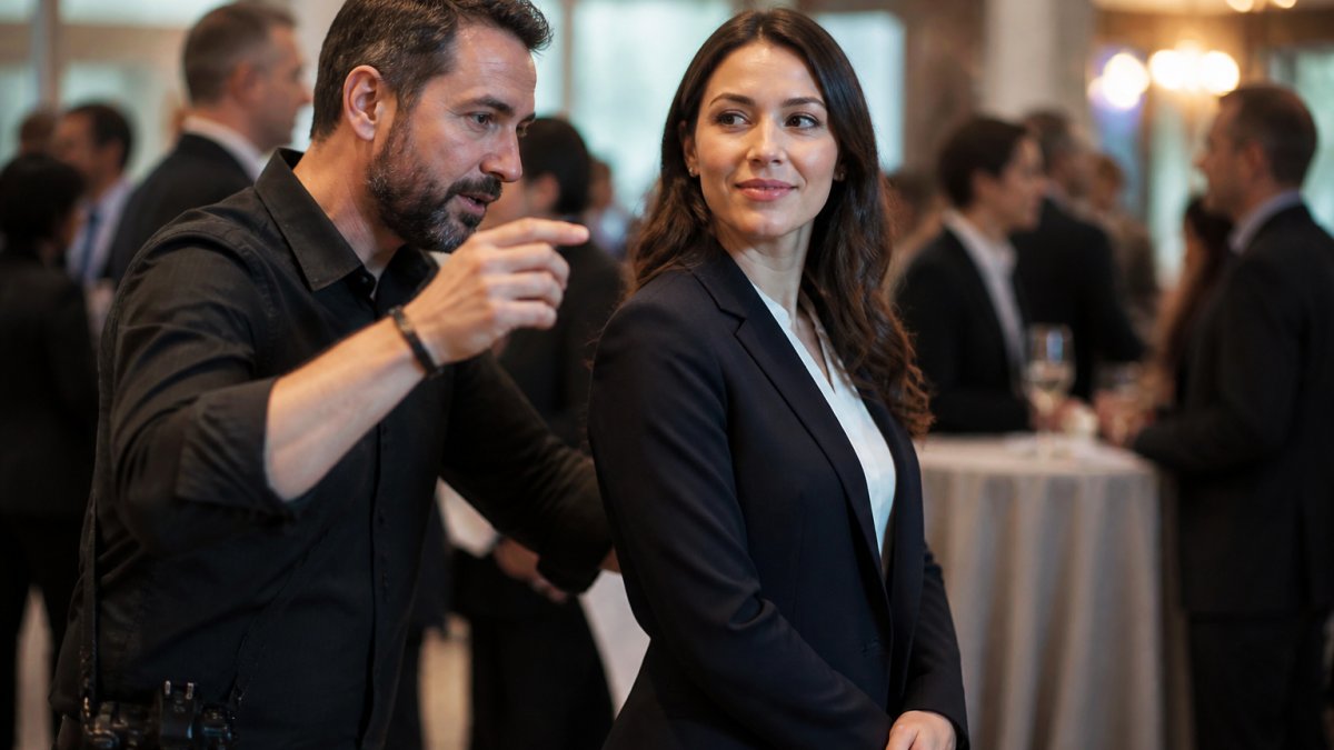 A professional photographer guiding a businesswoman to angle her body 30 degrees away from the camera at a corporate event, with soft ambient lighting and blurred guests in the background