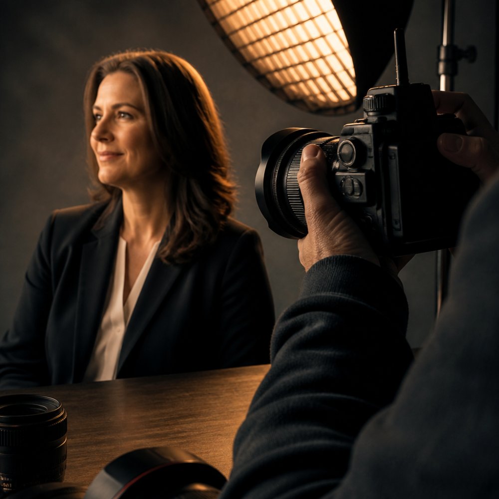 Professional in business attire demonstrating the three-quarter turn pose with relaxed shoulders and natural facial expression, shot in studio lighting