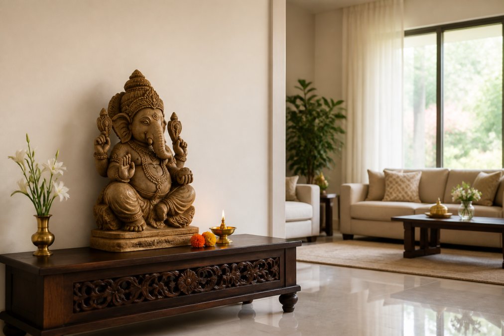 A carved Ganesh statue resting on a low wooden console against a pale wall in a bright living room, facing the open seating area, with a small brass oil lamp and a few marigolds beside it
