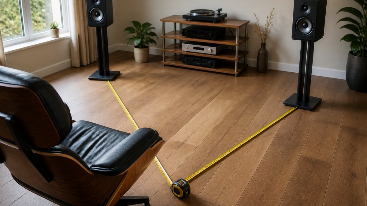 A pair of stereo speakers on stands in a bright living room, with a tape measure on the floor showing the distance between them and the listening chair, natural light from a window
