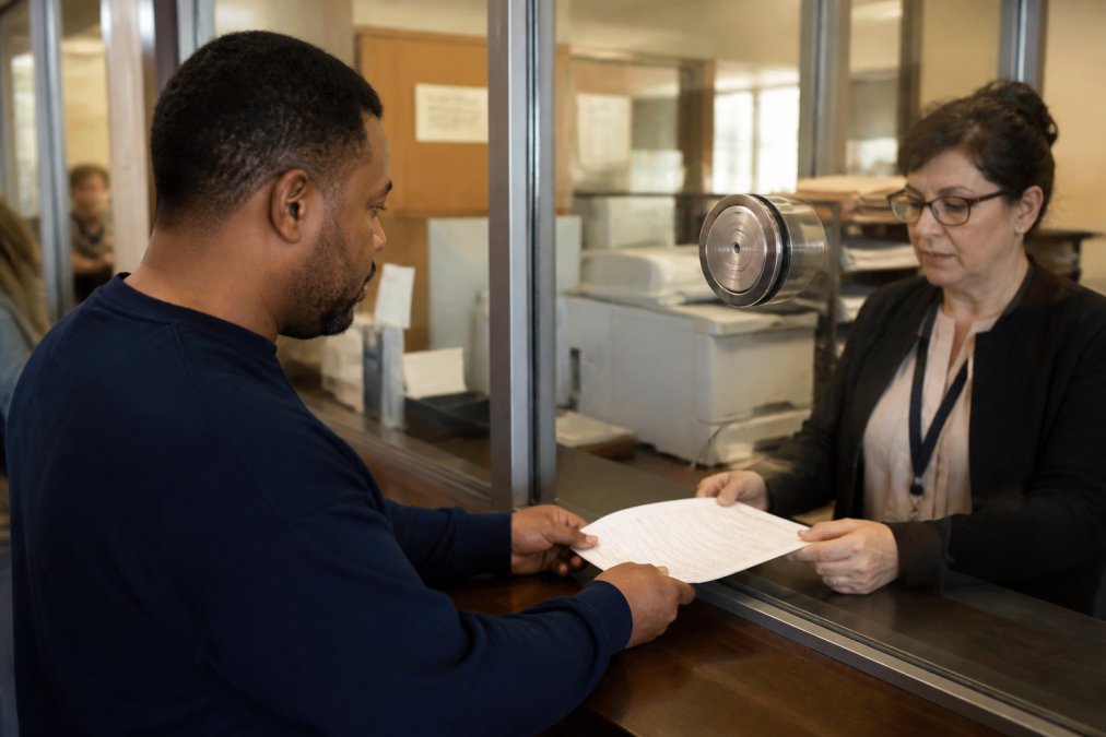 Person at a courthouse window submitting bail paperwork to a clerk in professional attire, natural daylight from courthouse windows, focused on the paperwork exchange