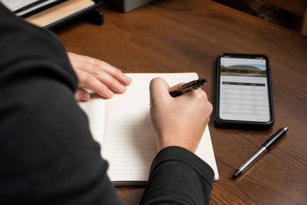 A close-up of a person's hands writing down booking details on a notepad next to a smartphone showing a jail roster website, with a pen resting on the paper, natural indoor lighting