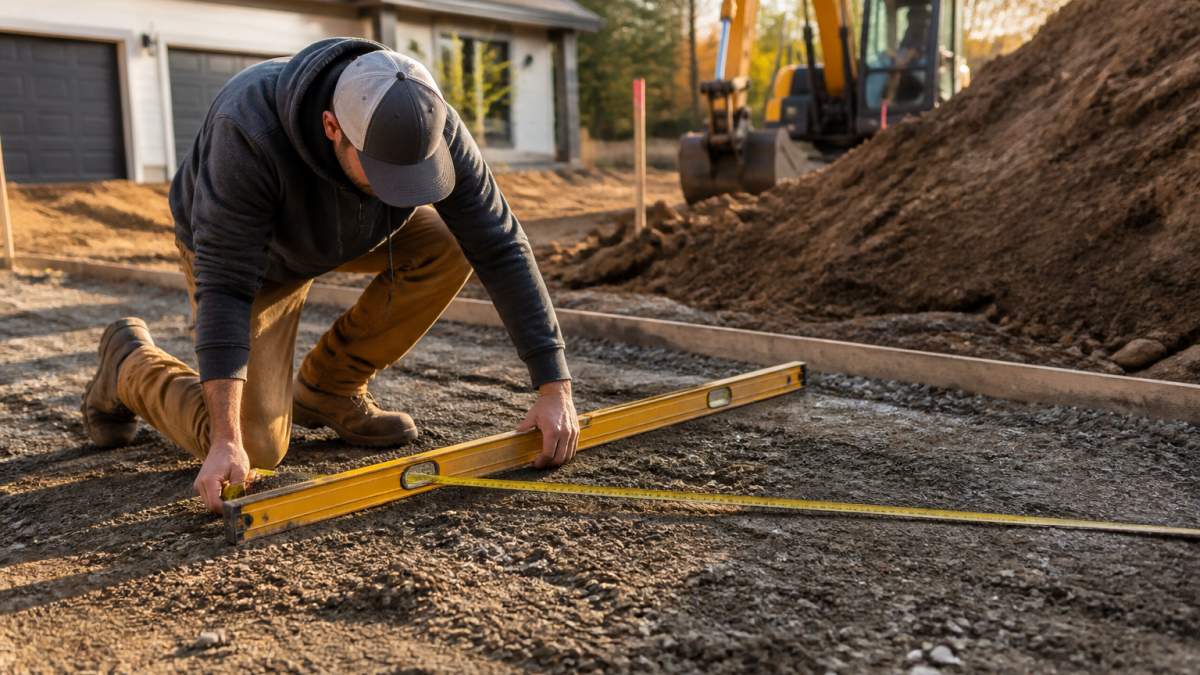 Contractor using a level and tape measure to assess grade for concrete pouring services at a driveway site.