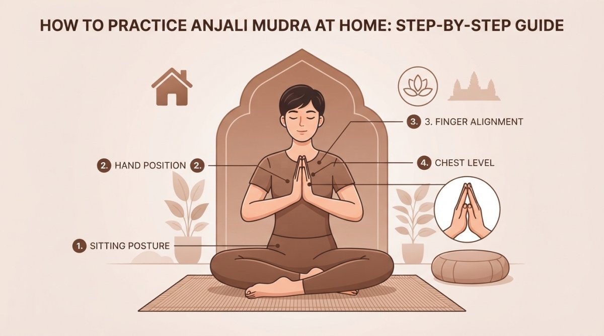 Person sitting cross-legged on a meditation cushion in a calm home interior, palms pressed together at chest level in proper Anjali Mudra position, with natural window light illuminating their peaceful expression