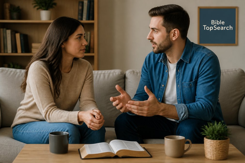 A couple sitting together calmly on a couch, having a quiet conversation with open body language and gentle expressions, suggesting intentional listening and emotional presence