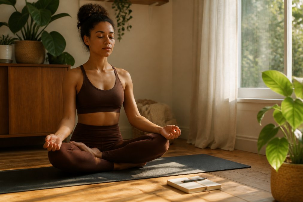 A person sitting cross-legged on a yoga mat near a sunlit window, eyes closed in meditation, with a journal and pen resting beside them on a warm wooden floor in soft morning light