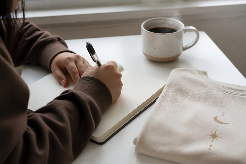 Close-up of a pair of hands writing in an open journal on a clean white desk, a steaming cup of coffee beside the journal and a neatly folded minimal spiritual-themed garment in soft natural light