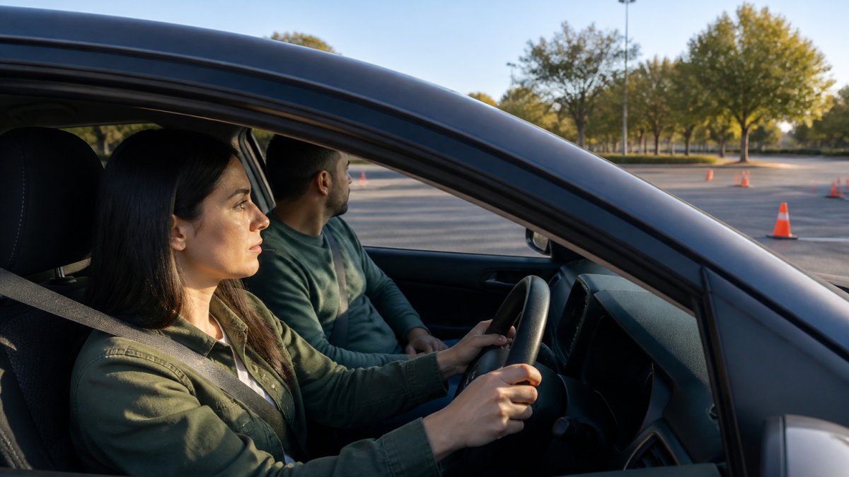An adult learner driver practicing in an empty parking lot with a supervising passenger, looking calm and focused, with orange cones set up for steering and braking drills in soft morning light