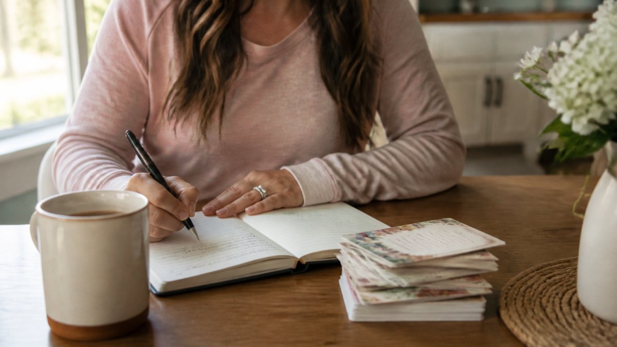 A mother sitting at a kitchen table in early morning light with an open journal and a mug of coffee, a small stack of prayer cards beside her