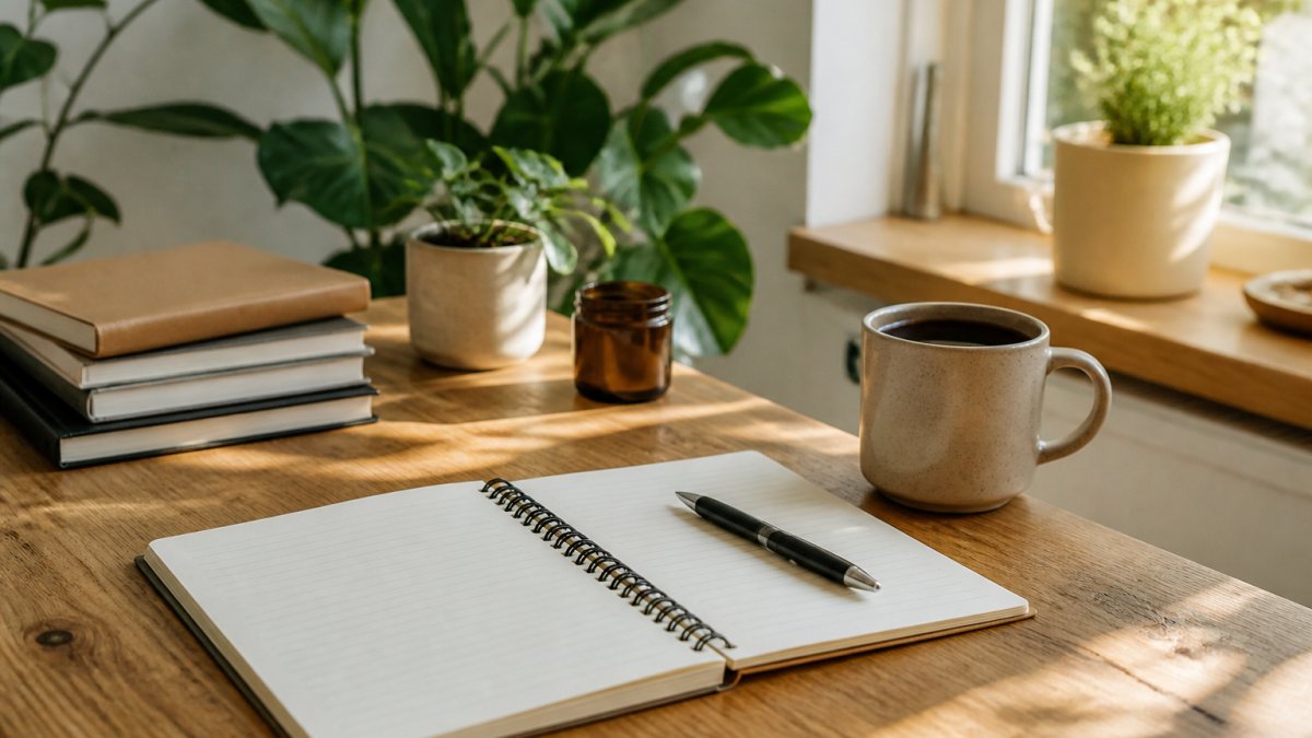 Person sitting comfortably at a desk with an open journal, pen in hand, warm beverage nearby, writing in a peaceful workspace with soft natural light and green plants in the background