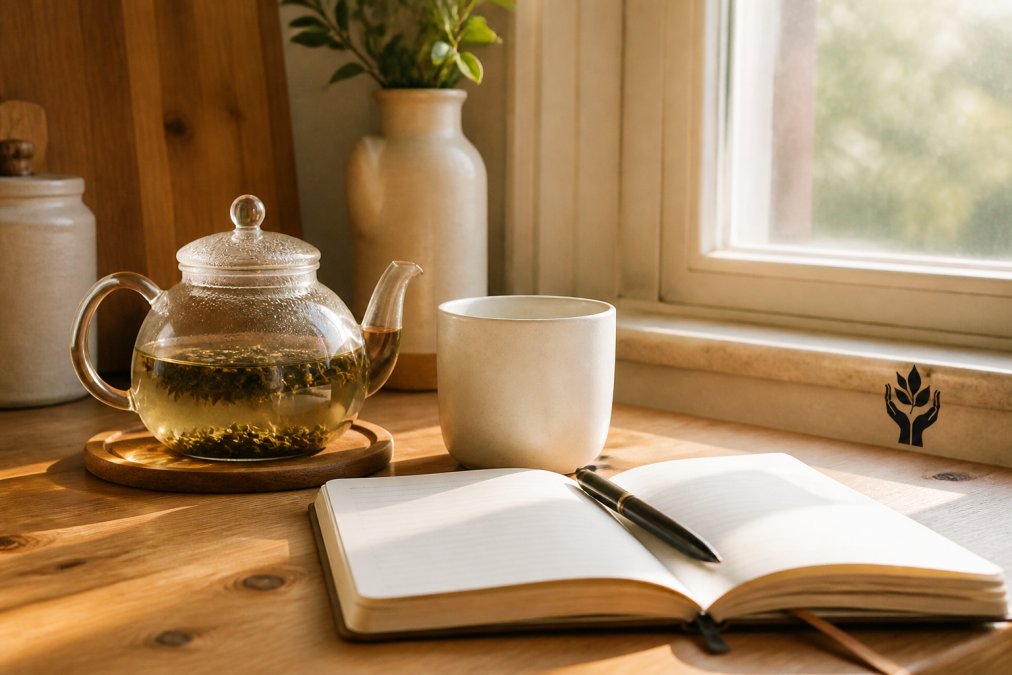 A warm morning scene on a wooden kitchen counter: a glass teapot steeping loose leaf tea beside a simple white ceramic cup, an open journal with a pen resting on it, and soft daylight coming through a nearby window. ### The Morning Anchor (5-10 Minutes) Pick one action and keep it under ten minutes. Five minutes of quiet before your phone. A warm cup held in both hands. Three lines in a journal about what matters today. The point is not the activity. The point is that you chose it before the day chose for you. ### The Evening Release (5-10 Minutes) Your evening release is the mirror image. Write down tomorrow's top priority. Close the notebook. Let the day end. People have reached for [a warm botanical tea