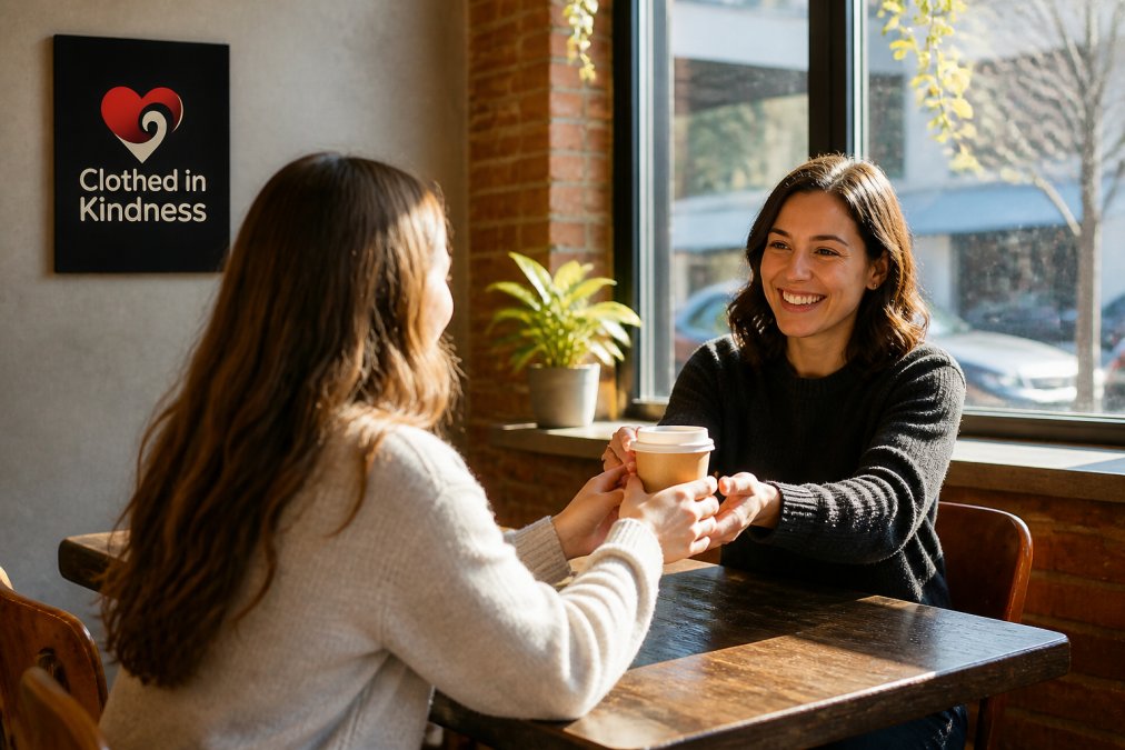 Two people in a coffee shop, one handing a beverage to the other with a warm smile, natural morning light from window