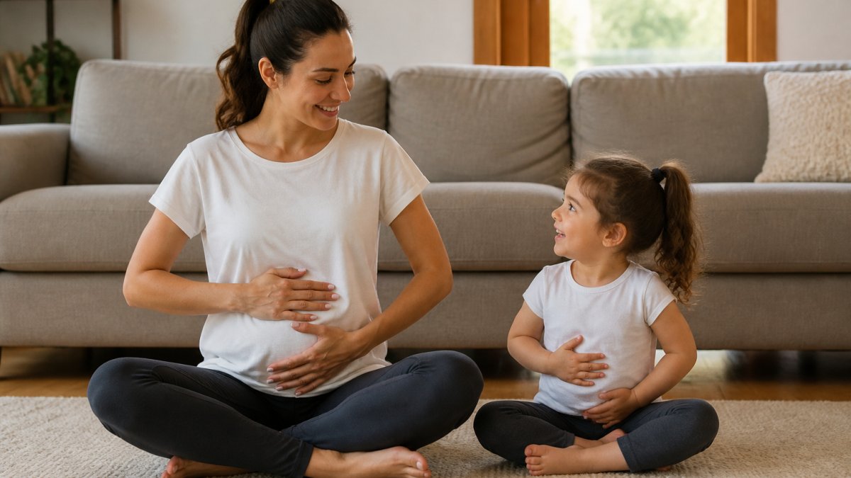 A parent and toddler sitting on a living room floor, both with hands on their bellies, smiling and breathing together in a warm, cozy home setting