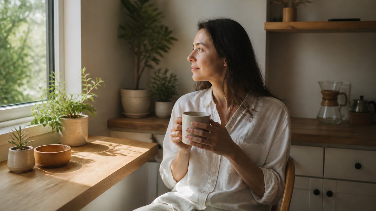 Person sitting in a bright, minimalist kitchen corner with a ceramic mug, soft morning sunlight streaming through a window, calm expression with phone placed away on a distant shelf
